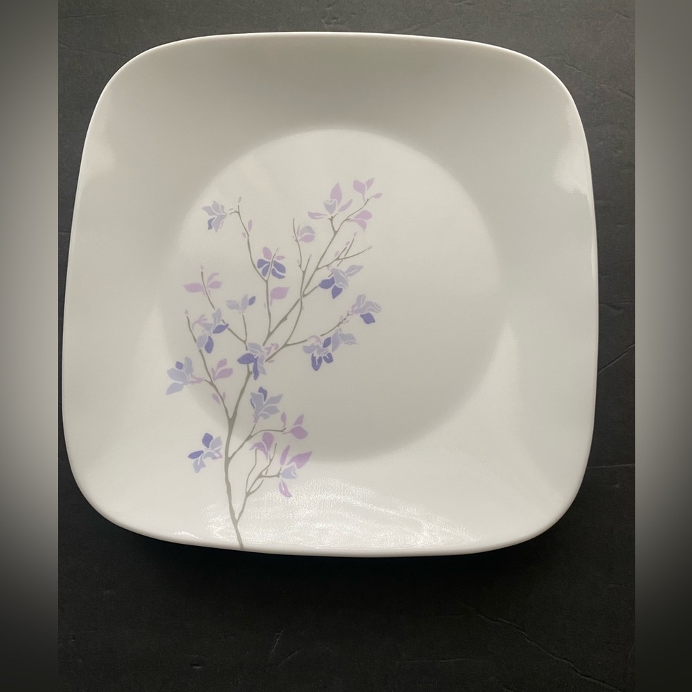 Corelle Vitrelle JACARANDA purple flower tree branch square dinner plates 10.5”